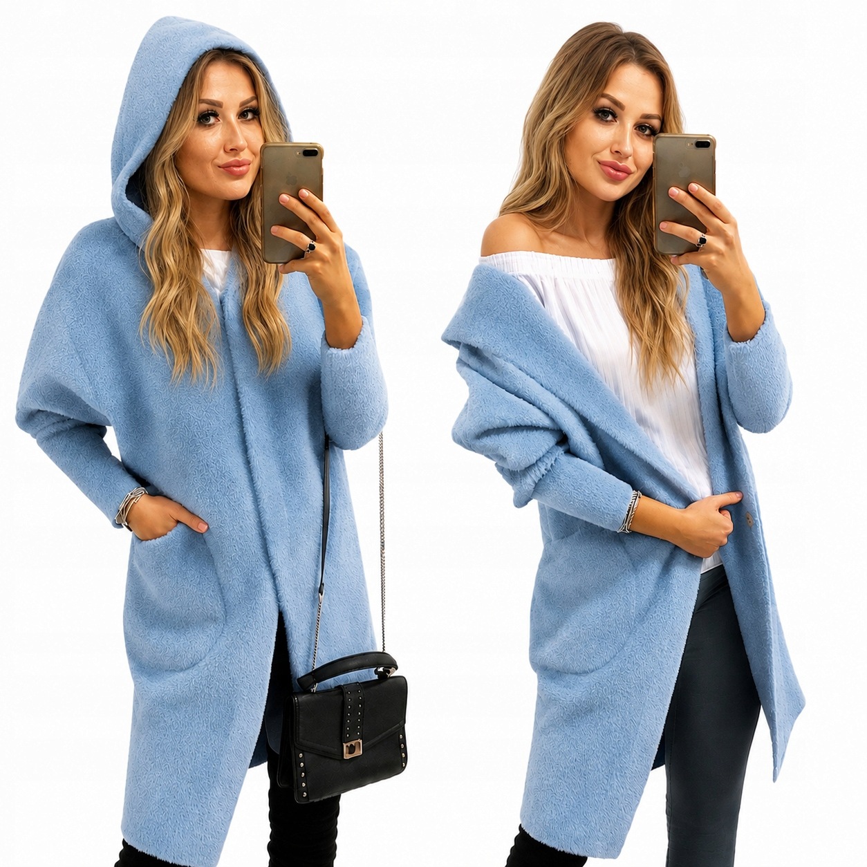 Alpaki Kabát Vlněná Bunda Barvy oversize Dlouhá Baby Blue