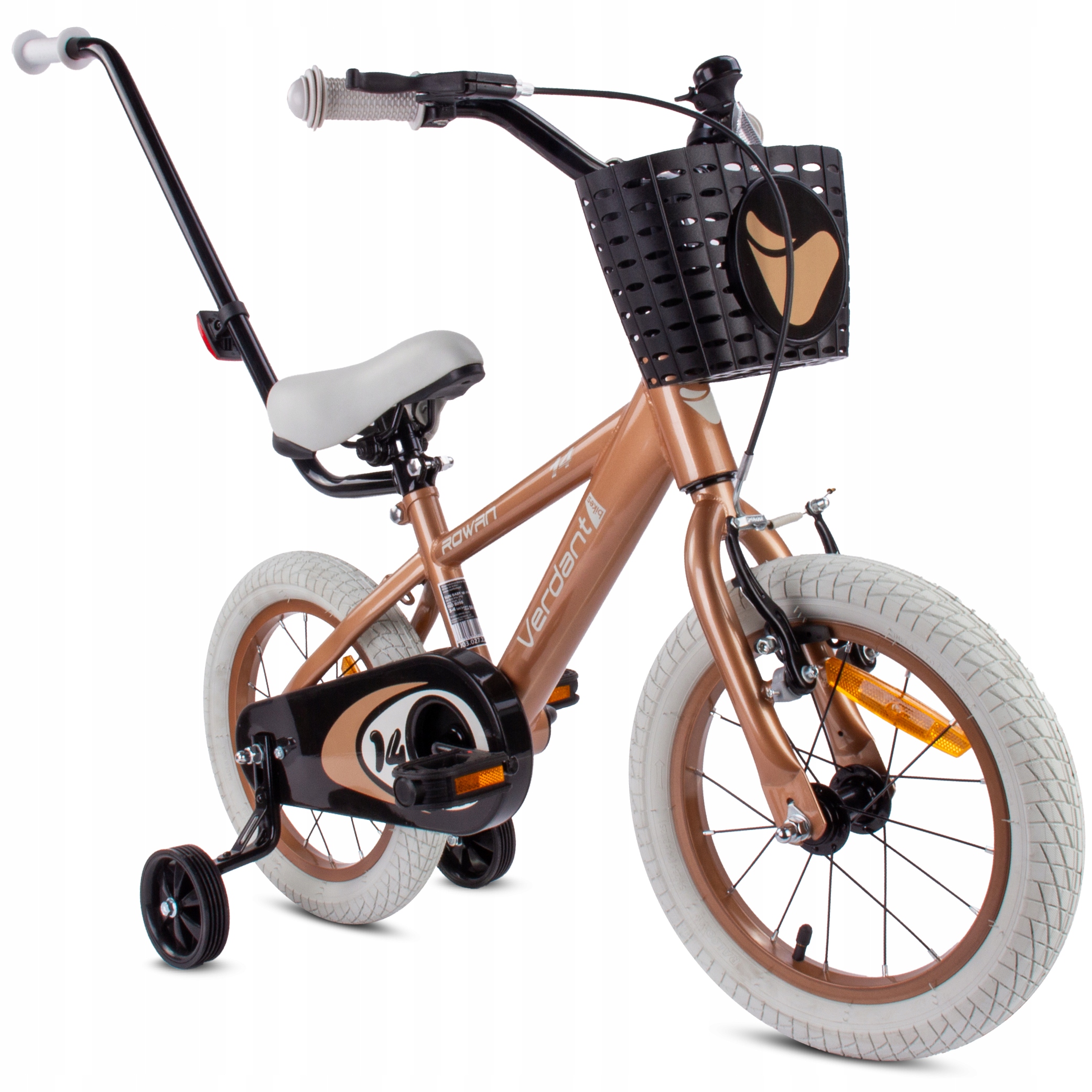 Rower dziecięcy dla chłopca 14 cali Koszyk Kółka boczne Pchacz Verdant