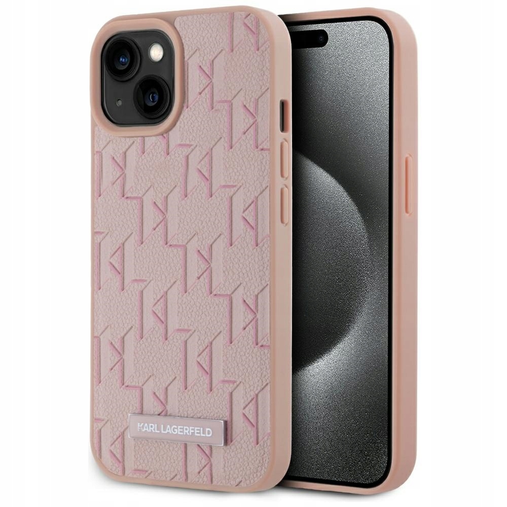 Pouzdro Karl Lagerfeld Leather Monogram Metal Logo MagSafe pro iPhone 15, růžové