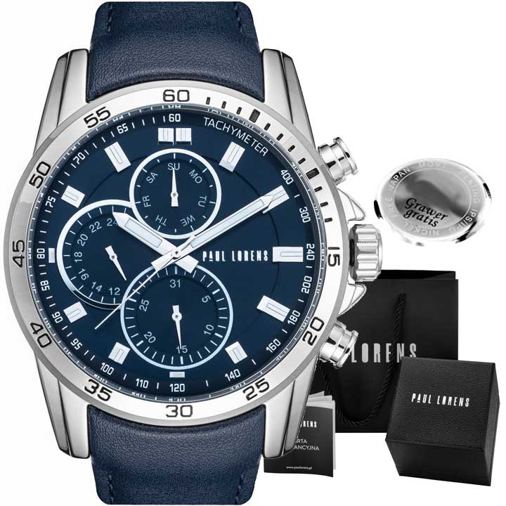 Paul Lorens Matias Pánské hodinky, tmavě modré, kožené Gravírování