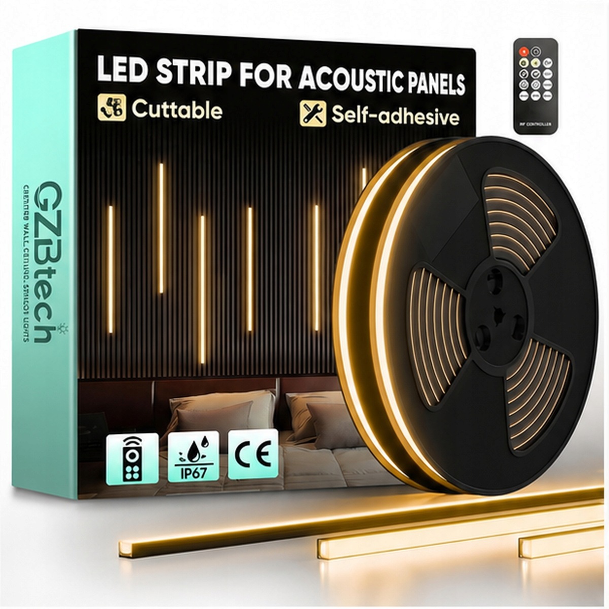 Led pásik GZBtech pre akustické panely 10 m 3000K IP67 diaľkový ovládač