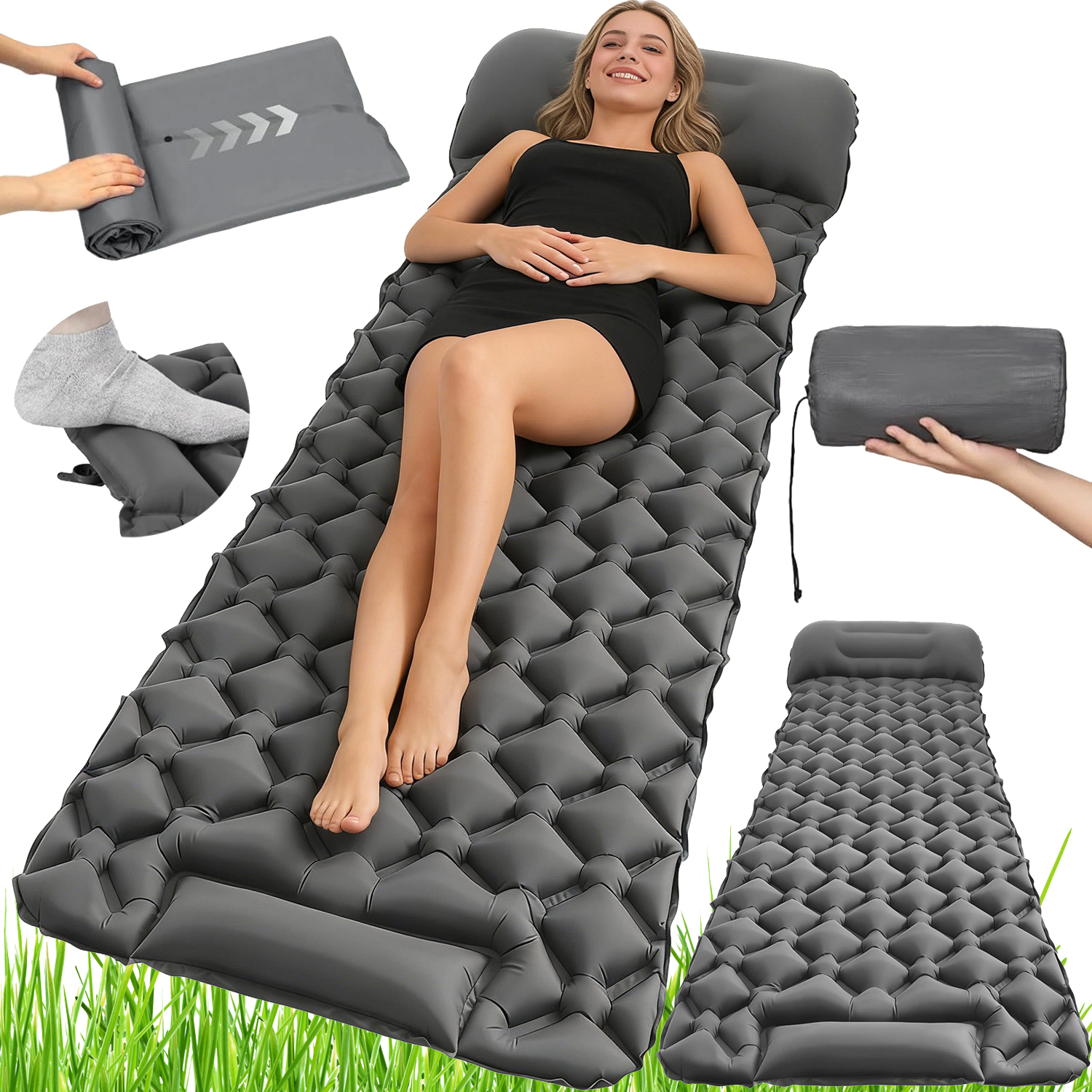 Materac Dmuchany Turystyczny Mata Lekki Z Poduszką Nożna Pompa Nylon Tpu