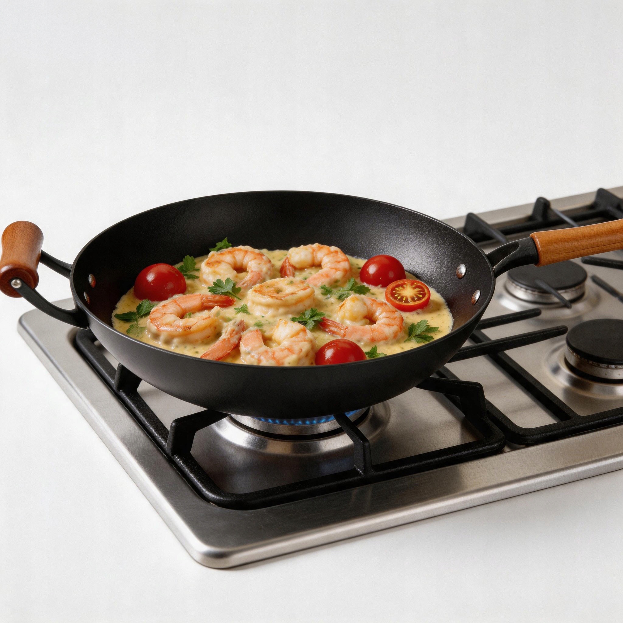 Wok pánev 34 cm Hluboká rukojeť Dřevěná indukce