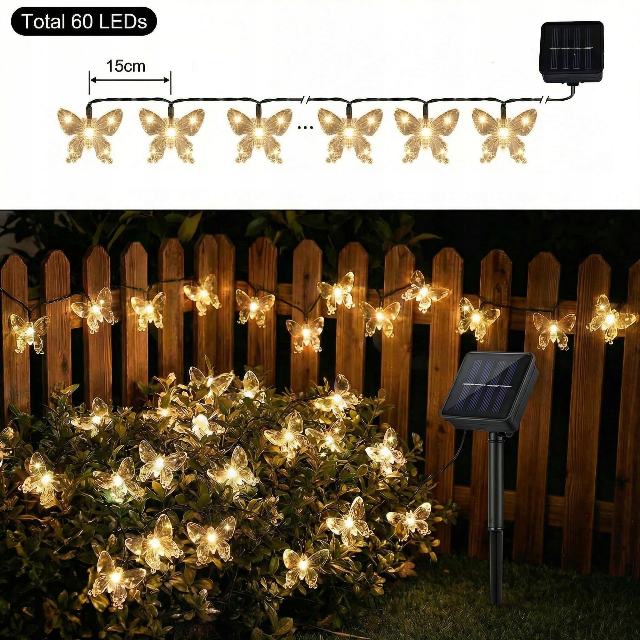 BG9D Solarna Girlanda Ogrodowa Motylki 8M 40LED 8 Trybów IP67 Ciepłe Białe — miniatura 2