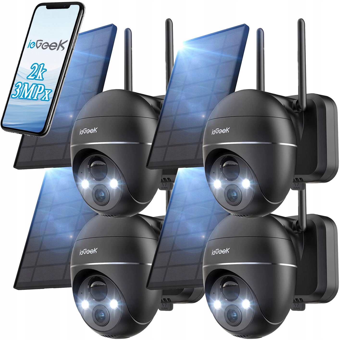 Solární Venkovní Kamera 2K Wifi Otočná 3MPX 4X Zoom Pir 9000MAH Fhd x 4