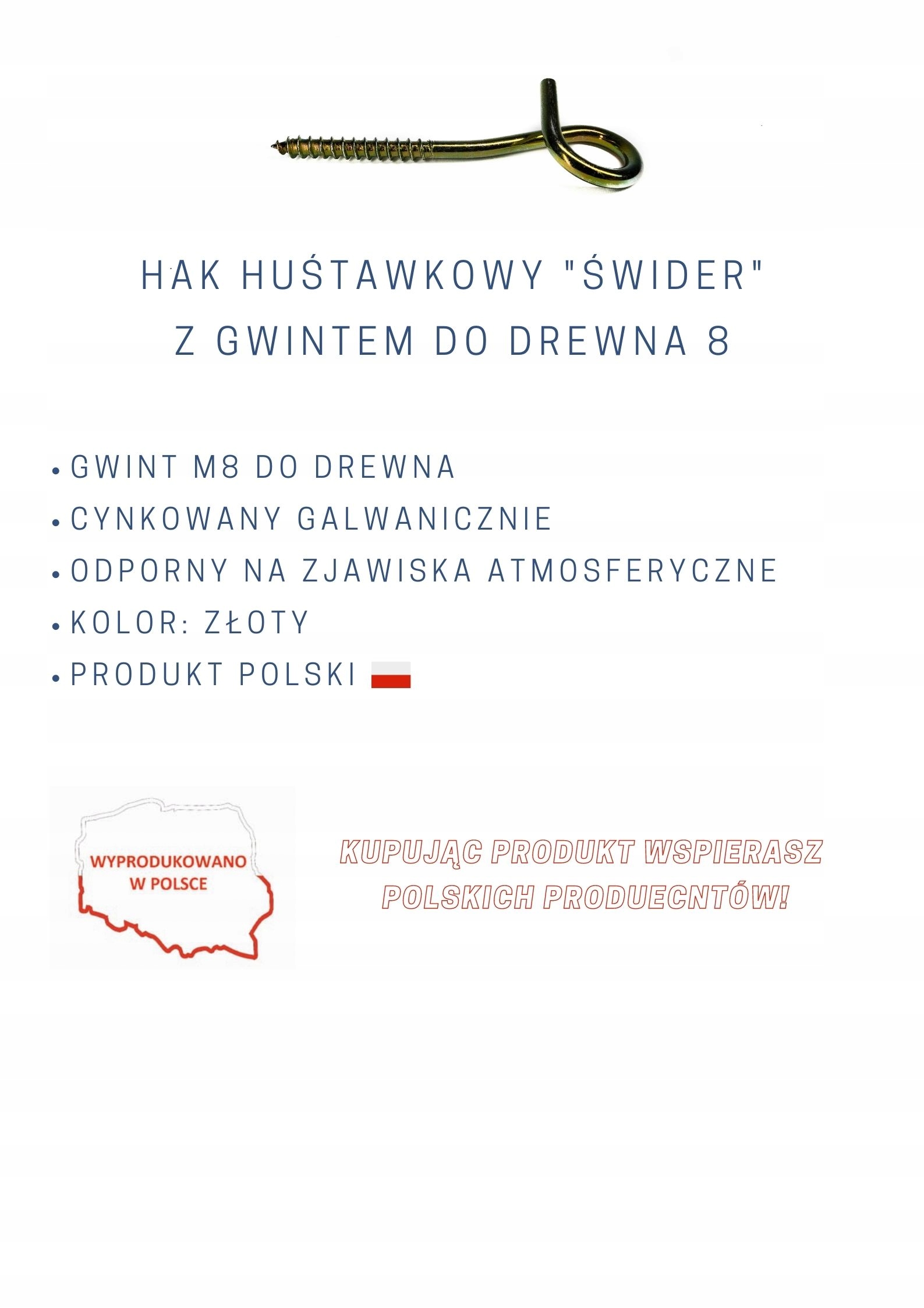 HAK HUŚTAWKOWY Z GWINTEM DO DREWNA M8, HUŚTAWKA, 8 Styl inny
