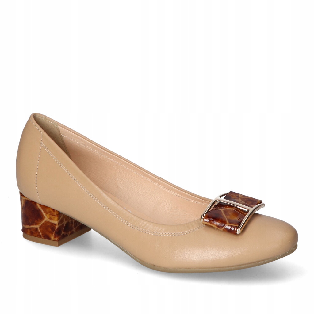 Kožené lodičky na podpatku Arka Béžové s ozdobou a vzorem podpatků