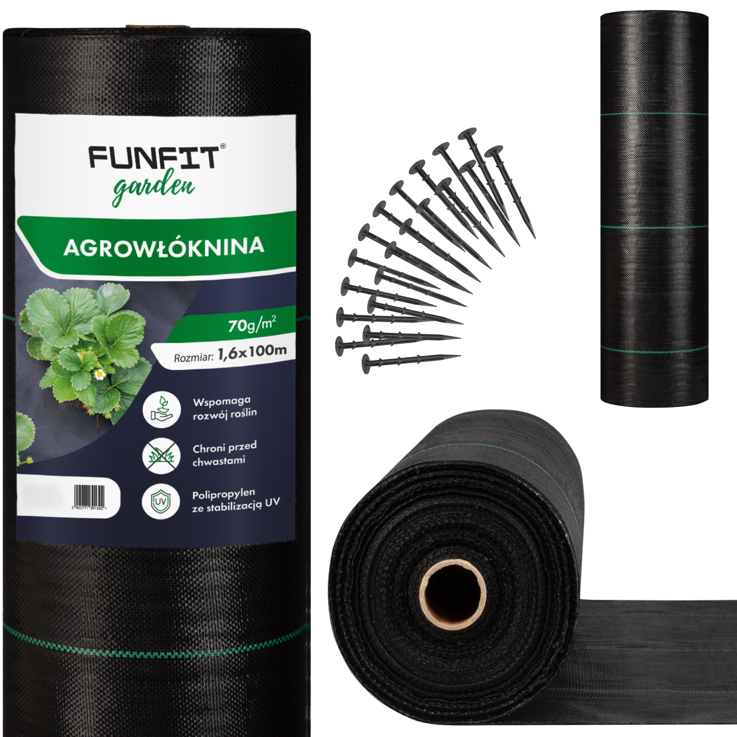 Mocna Agrowłóknina Ogrodowa Czarna 1.6x100m 70g/m Mata Na Chwasty x50 Kotwy