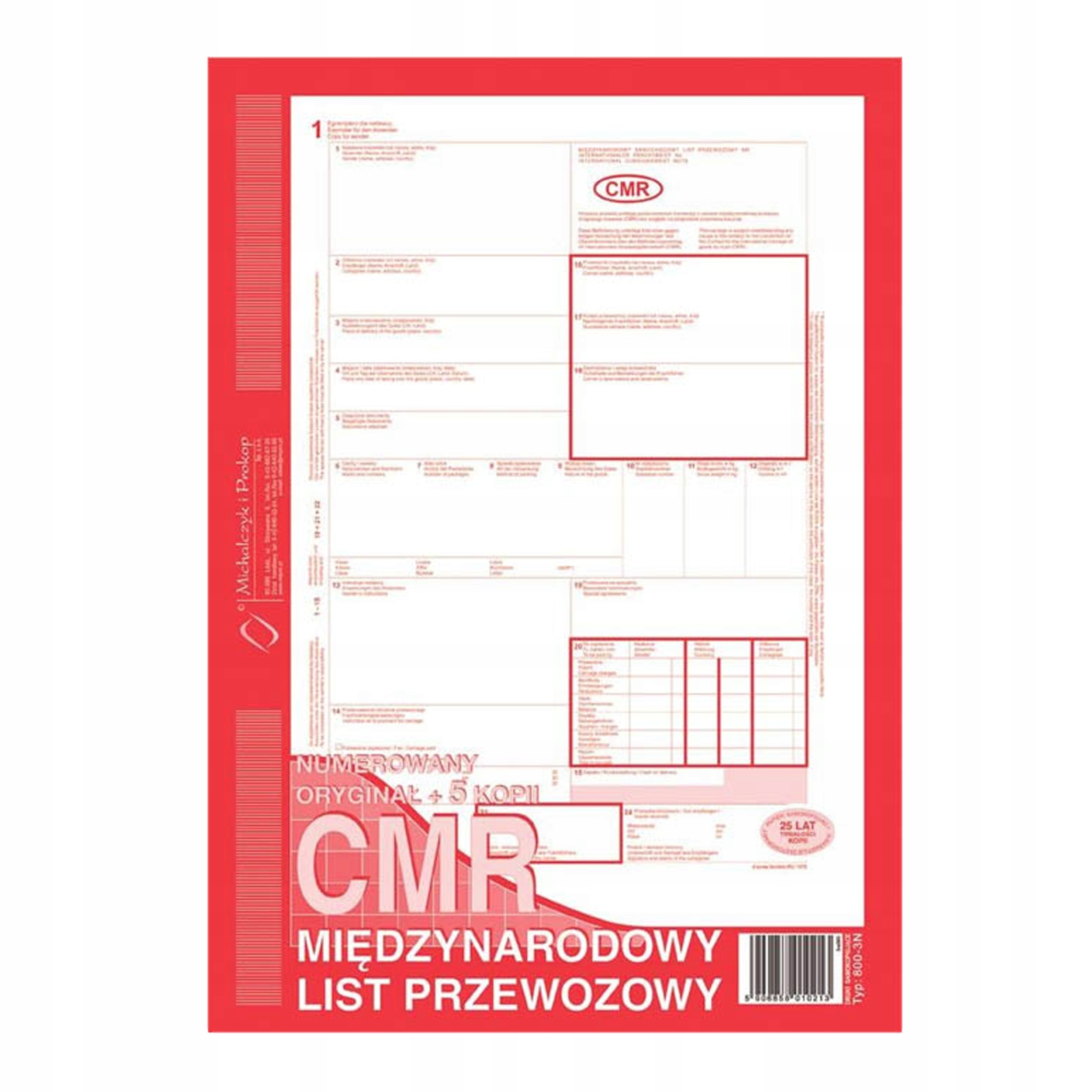 LIST PRZEWOZOWY CMR A4 (ORYGINAŁ + 5 KOPII) 800-3N