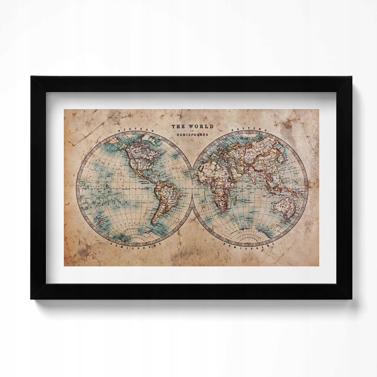Dekorativní nástěnný obraz v černém rámu s grafikou Stará mapa světa 30x20 cm