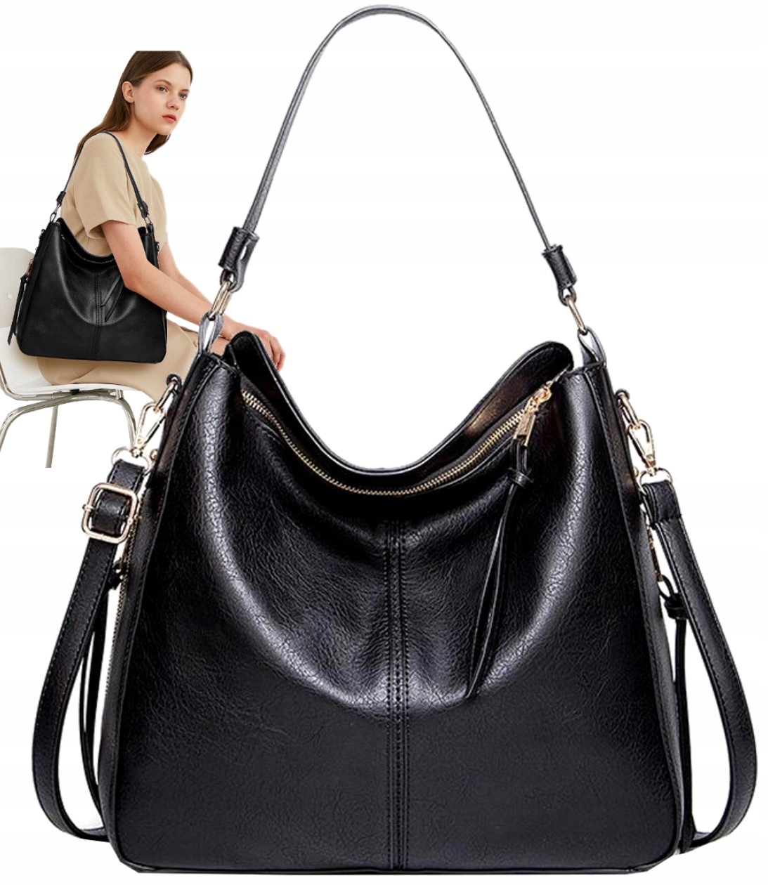 Torebka Skórzana Damska Czarna Miejska Pojemna A4