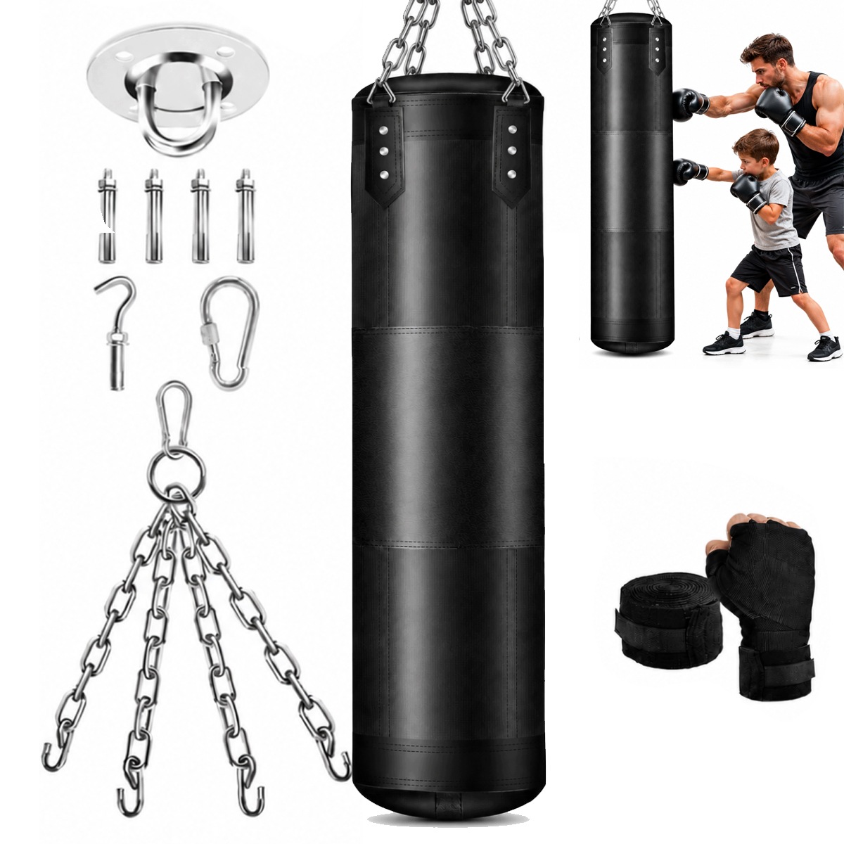 Wiszący Worek Bokserski 4FT Łańcuch 360° Owijki Mma Czarny Pu Oxford