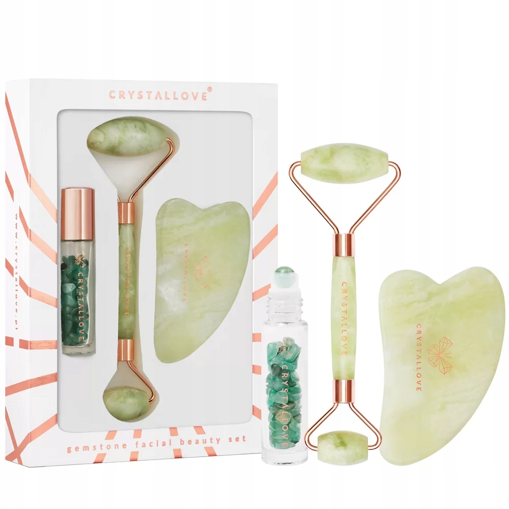 Crystallove Jade beauty set: váleček na obličej destička gua sha roll-on