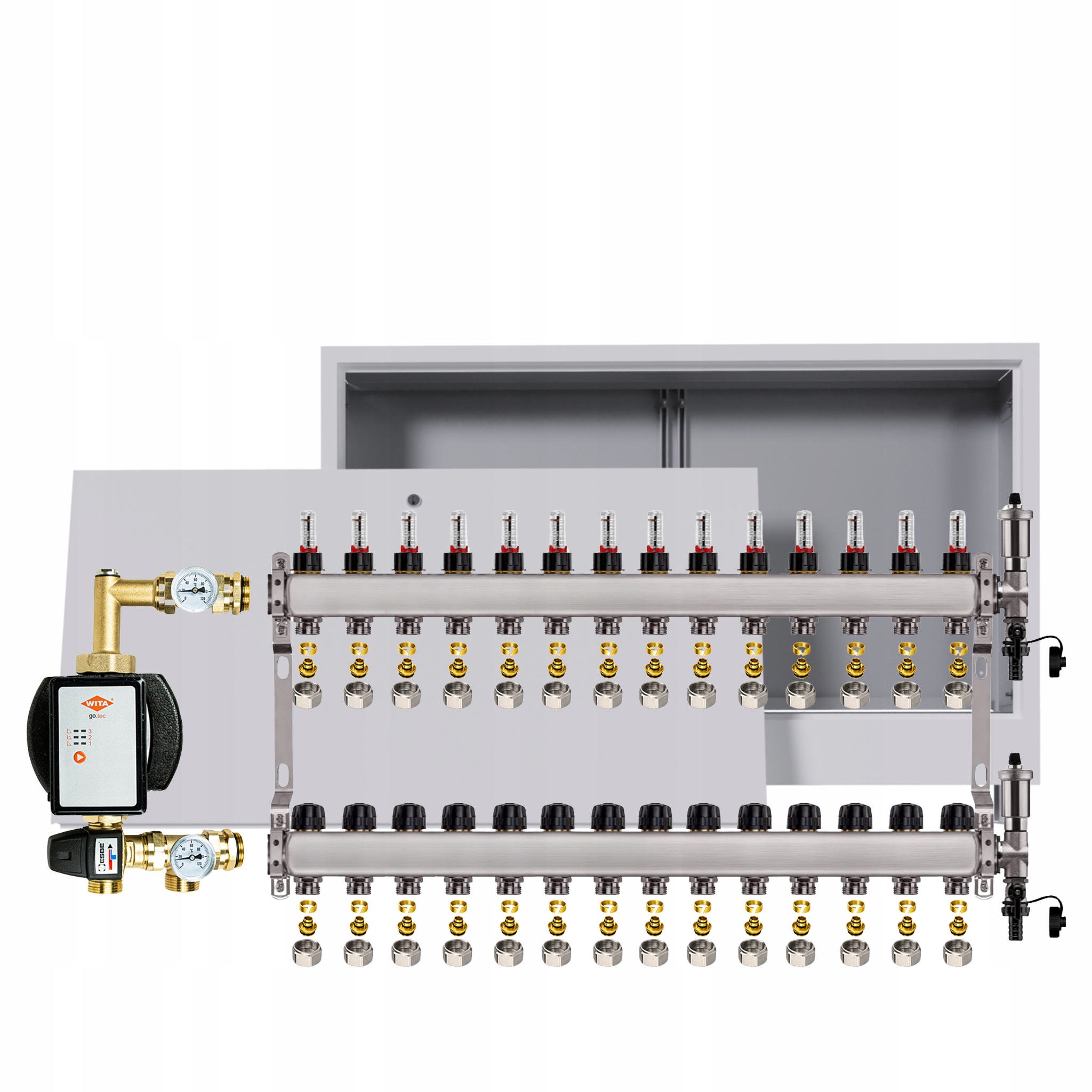 Rozdělovač pro podlahu 14 okruhů s čerpadlem Wita podomítková skříňka +pex