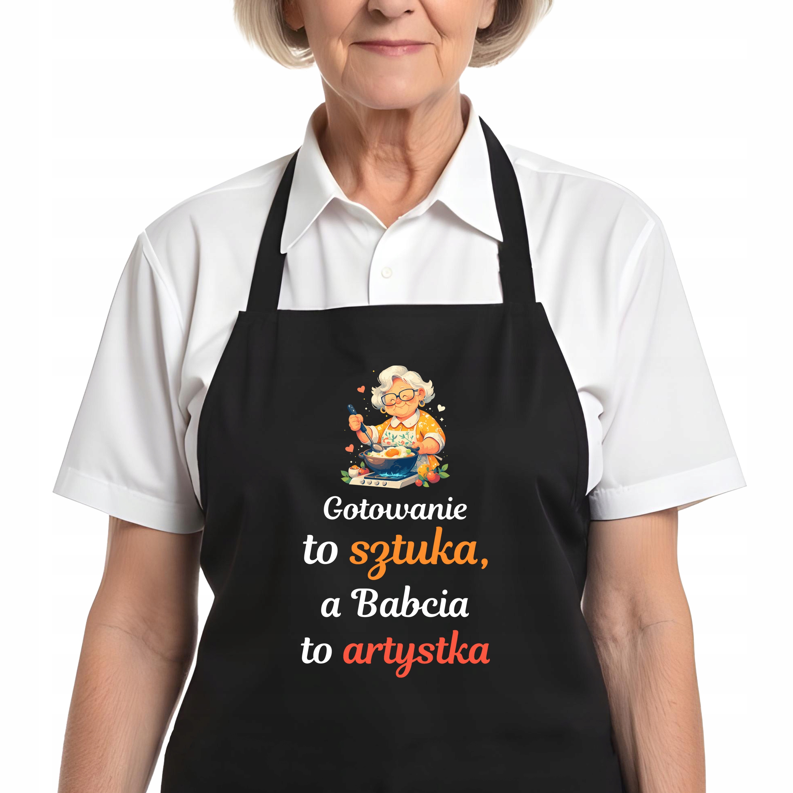Kuchyňská zástěra černá Dárek ke Dni babiček pro babičku Vaření to hledá