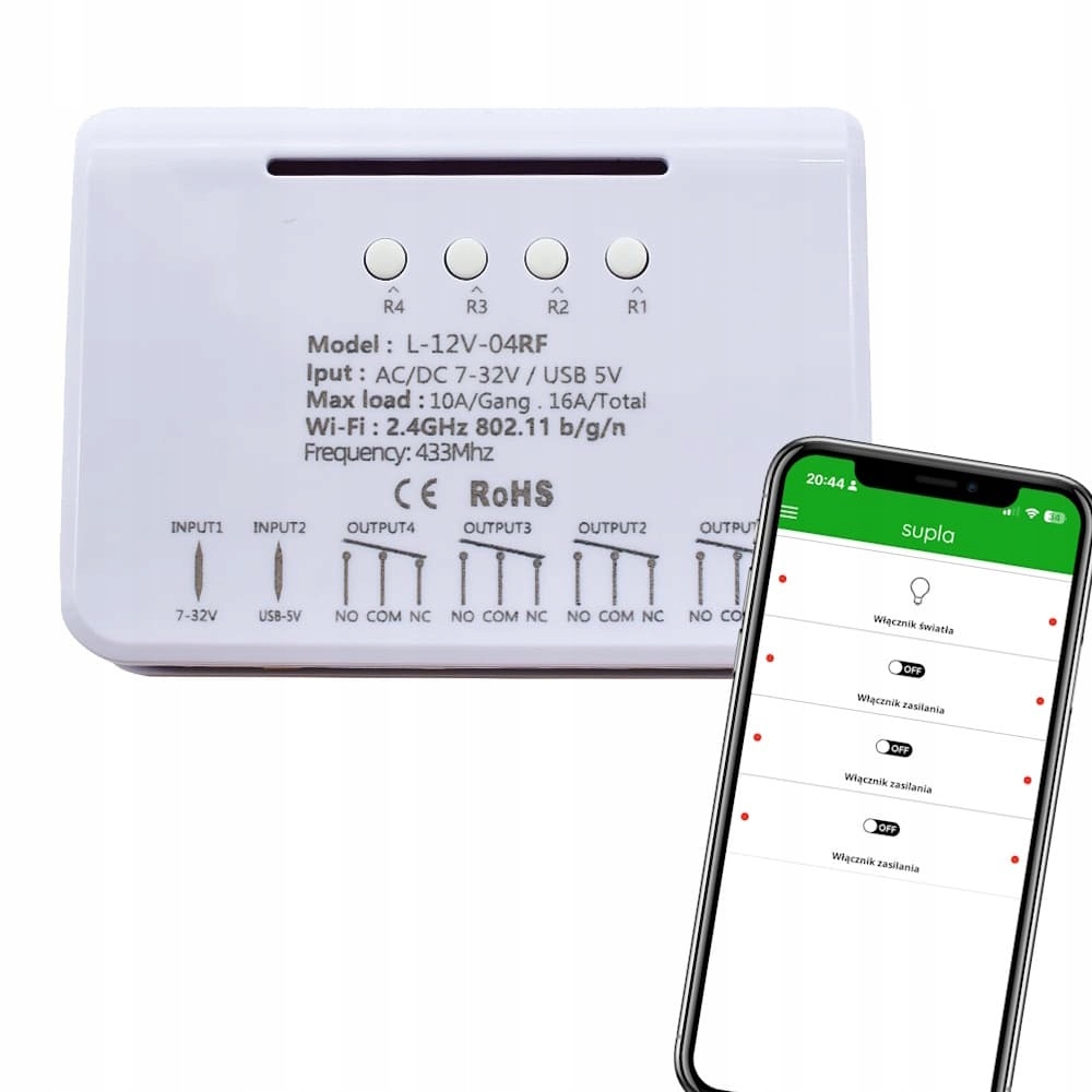 Beznapięciowy przekaźnik WiFi Rf Bramy Piece Zawory Podlewania wgrana Supla