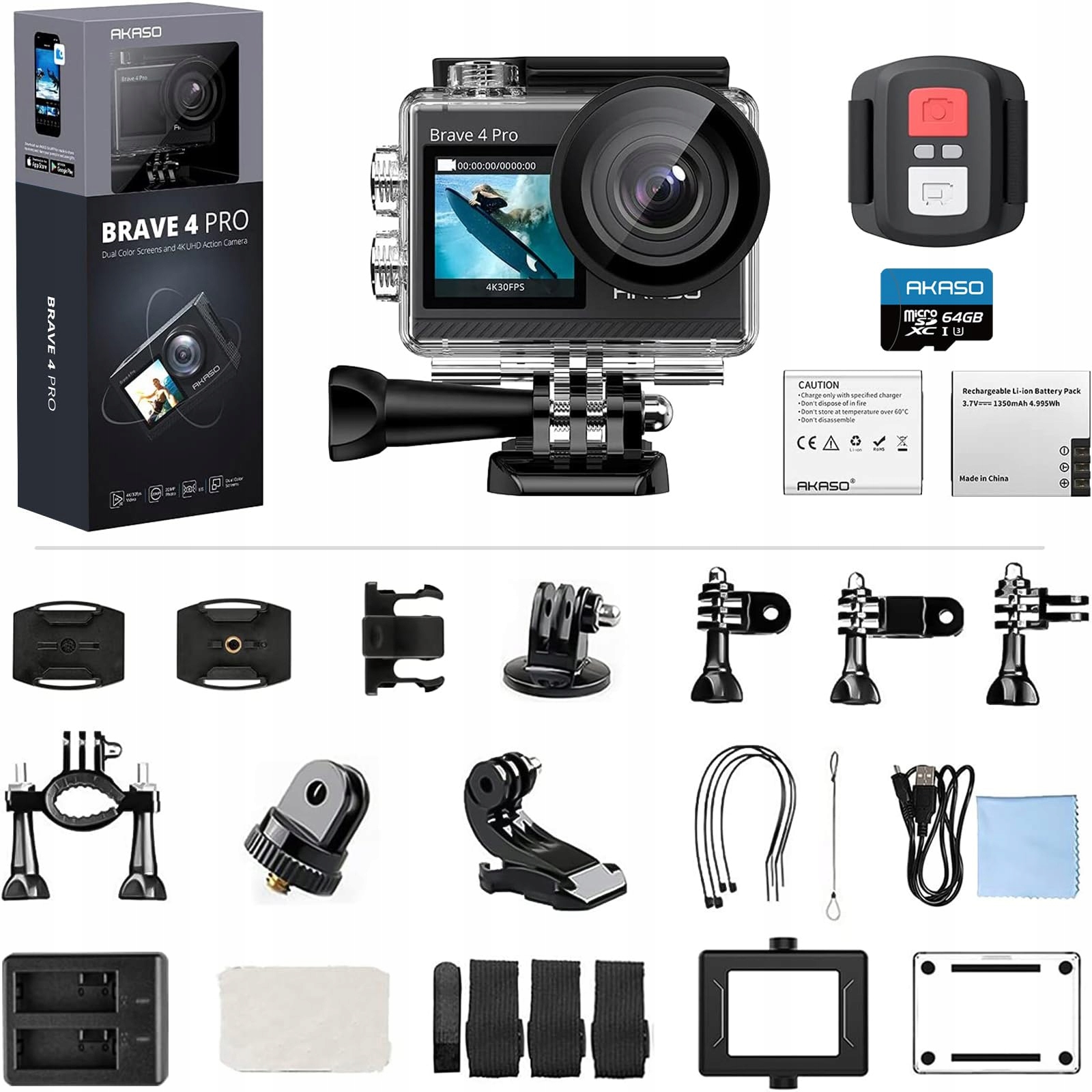 AKASO Brave 4 Pro Kamera Sportowa 4K 30FPS 20MP 64GB Podwodna — miniatura 8