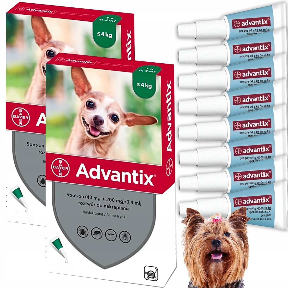 8 x Skuteczne Krople dla Psa do 4 kg na Kleszcze Pchły Advantix 0,4 ml