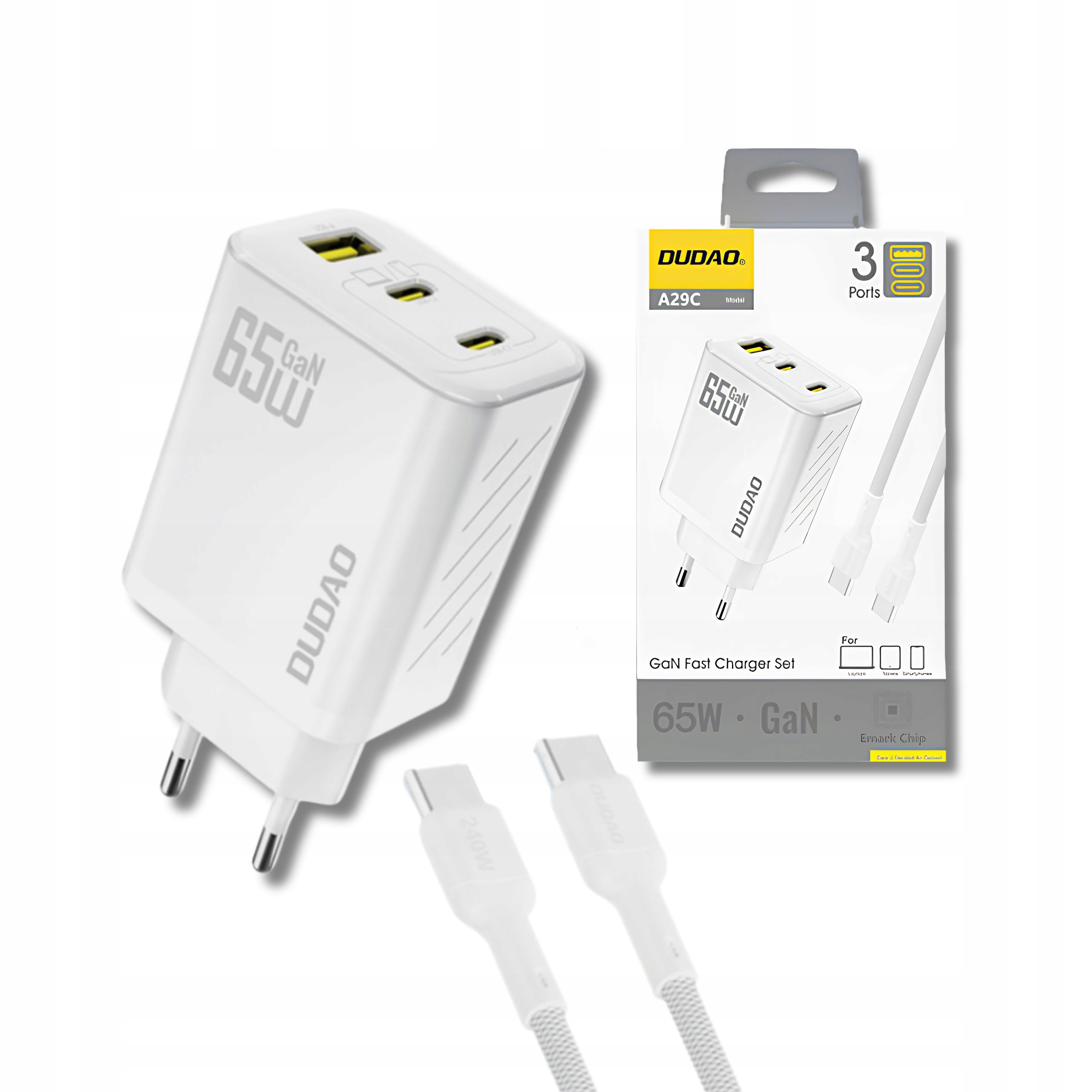 Ładowarka sieciowa GaN z kablem Usb-c 1m 65W -biała