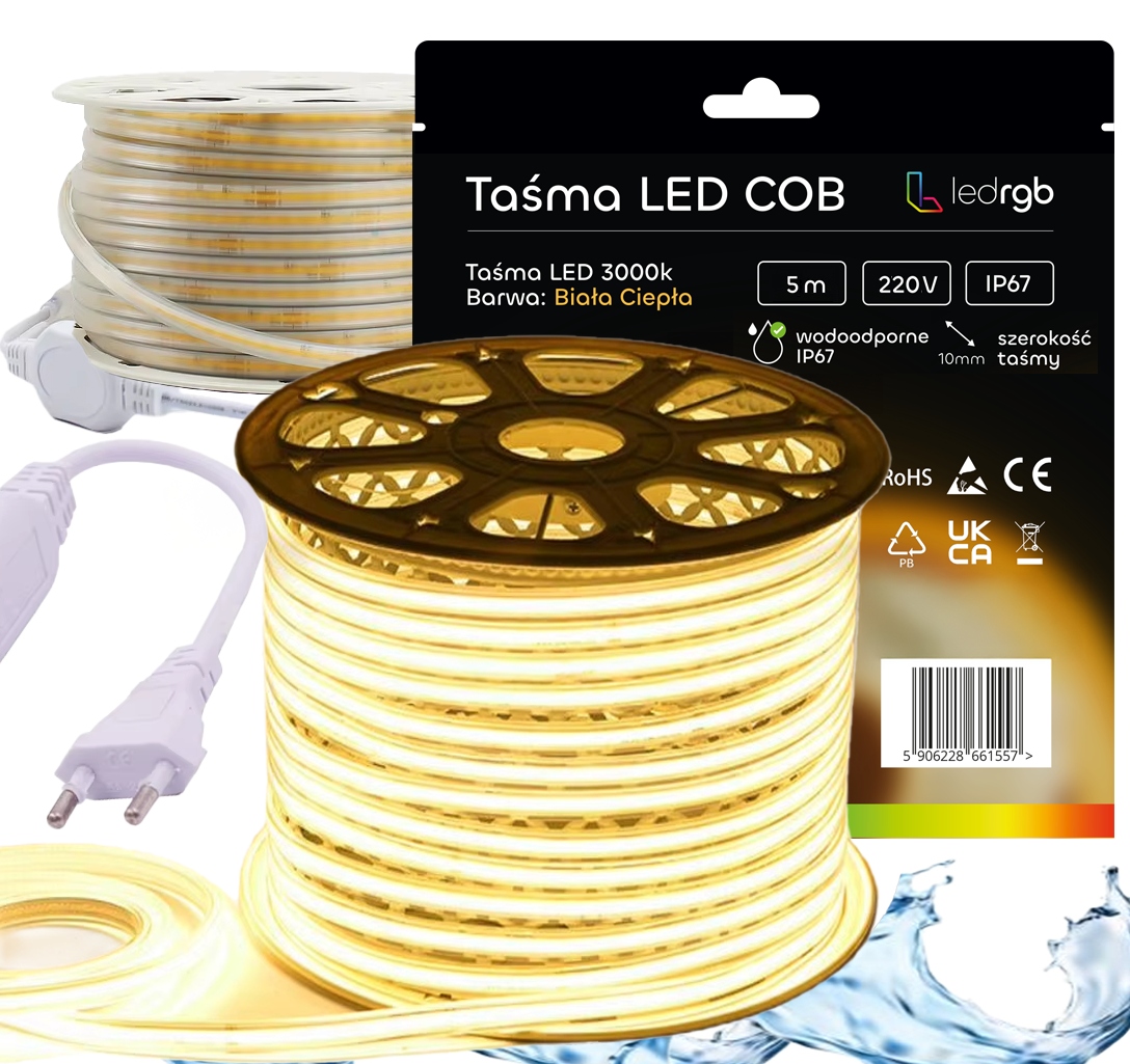 Set Led pásek Neon Cob 220V 230V 10 m 3000K Bílý Teplý Napájecí Zdroj IP67