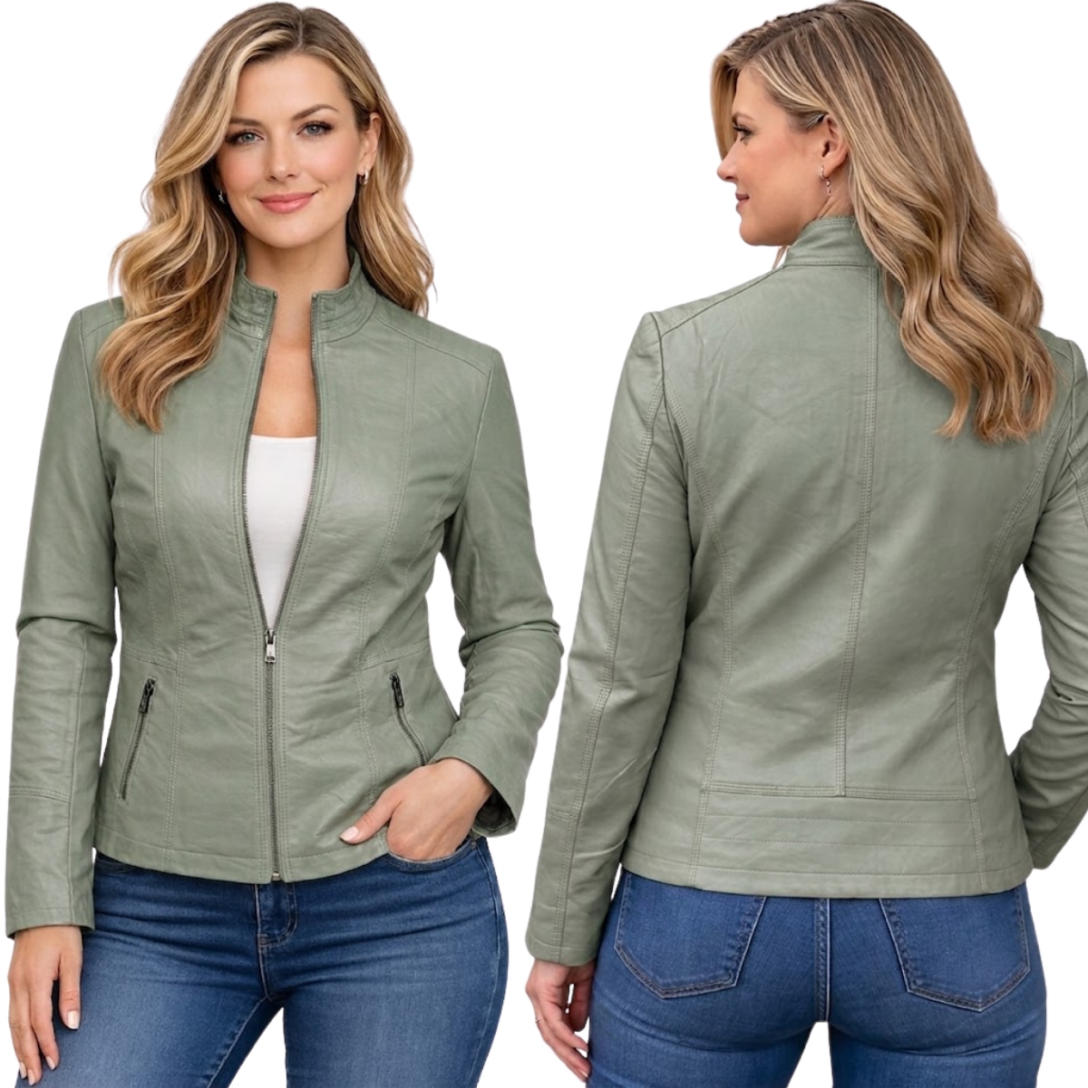 Dámská bunda z ekokůže, elegantní, na zip, 2911, olivová, velikost L