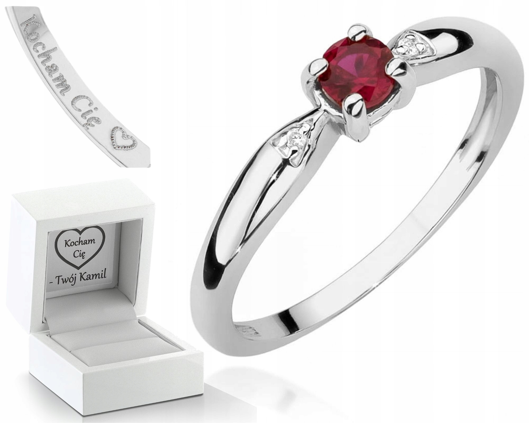 Zlatý Prstýnek Prsten S Rubín , Diamanty, Bílé Zlato 585, Dárek , Gravírování