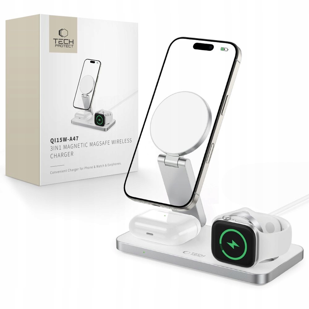 Tech-protect QI15W-A47 3v1 Magnetická Bezdrátová Nabíječka MagSafe Bílá