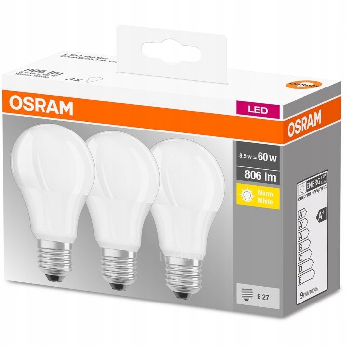 

Osram 3x Żarówki Led A60 E27 8,5W=60W 806LM 2700K