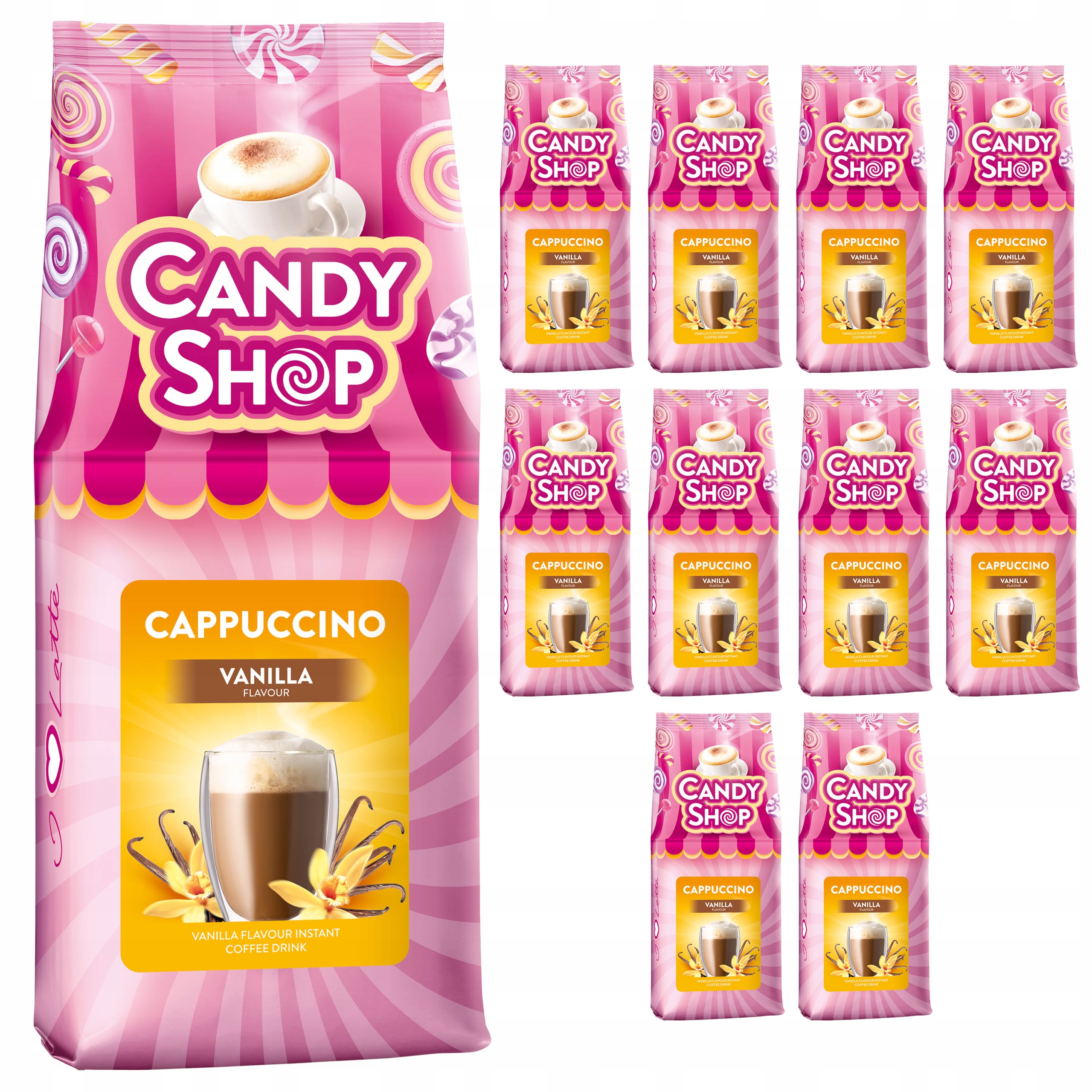 Sada 10 kusů Cappuccino Candy Shop s vanilkovou příchutí Kávový nápoj 500 g