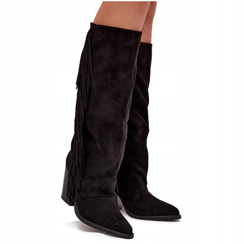 Dámské Kovbojské Boty Kozačky S Eko Semišovými Střapci Na Zip, Černé, Velikost 38