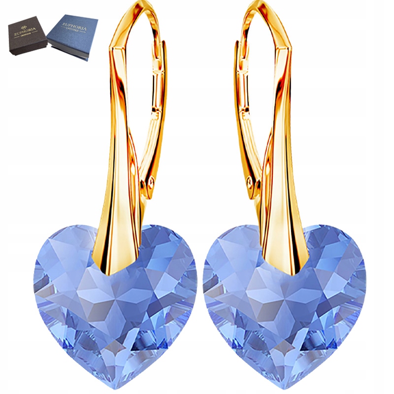 Náušnice Zlaté Stříbro 925 Závěsné s krystaly Modré Dámské srdce