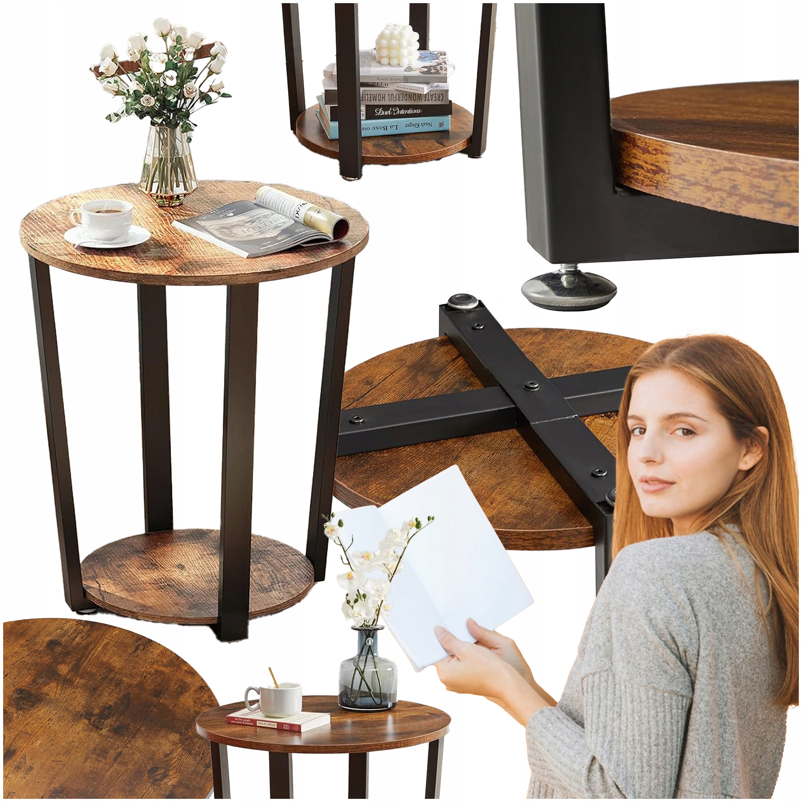 Nočný stolík okrúhly Kávový drevený 2 Police Bočný industriálny loft