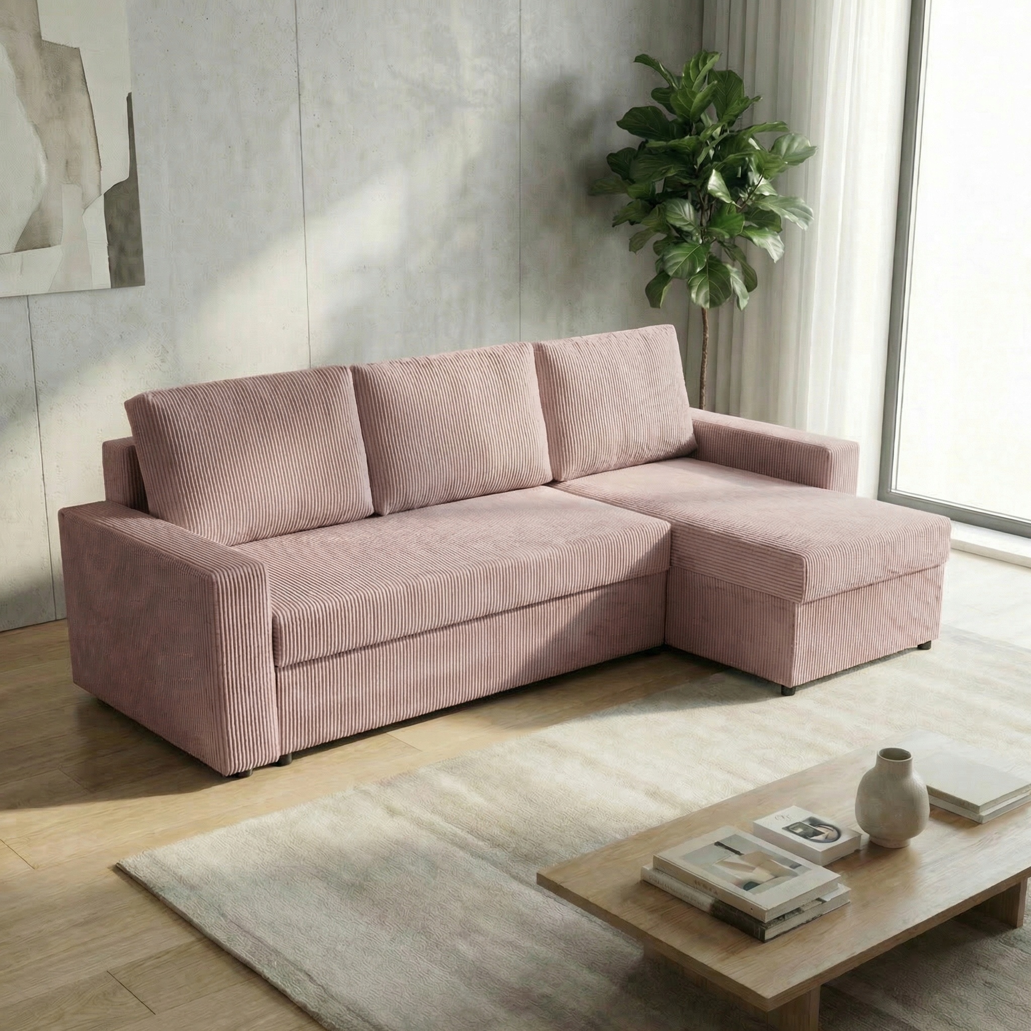 Rohová sedačka s funkcí spaní do obývacího pokoje Nirvana Plus růžová
