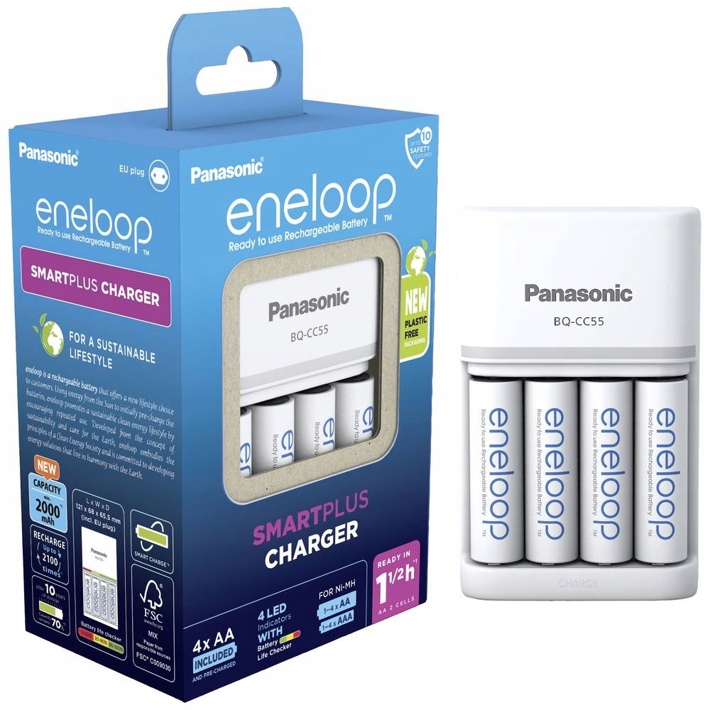 Nabíječka Panasonic BQ-CC55 4 x R6/AA Eneloop Aa 2000 mAh Originál Bílá