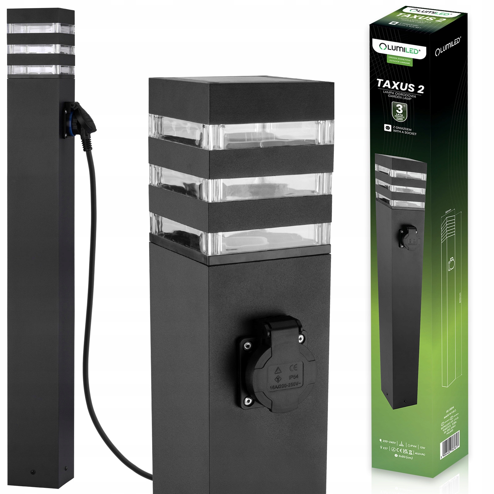 Lampa Ogrodowa E27 Led Stojąca Zewnętrzna Słupek 80cm z Gniazdem 230V