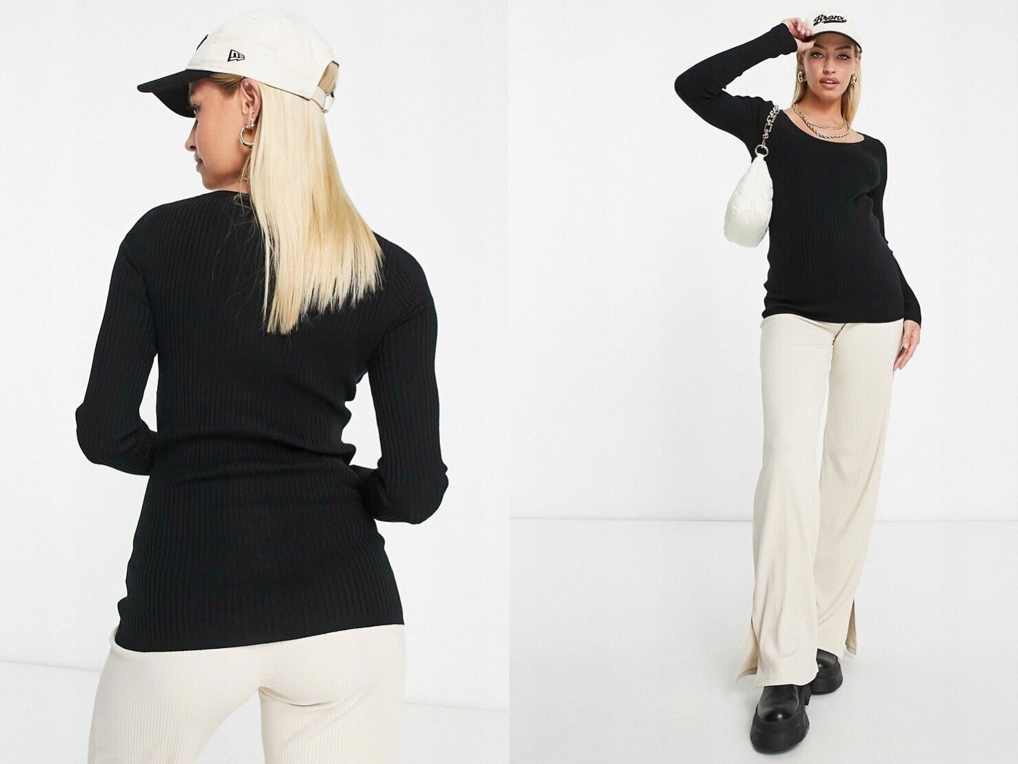 DESIGN Czarny prążkowany top dzianinowy XS