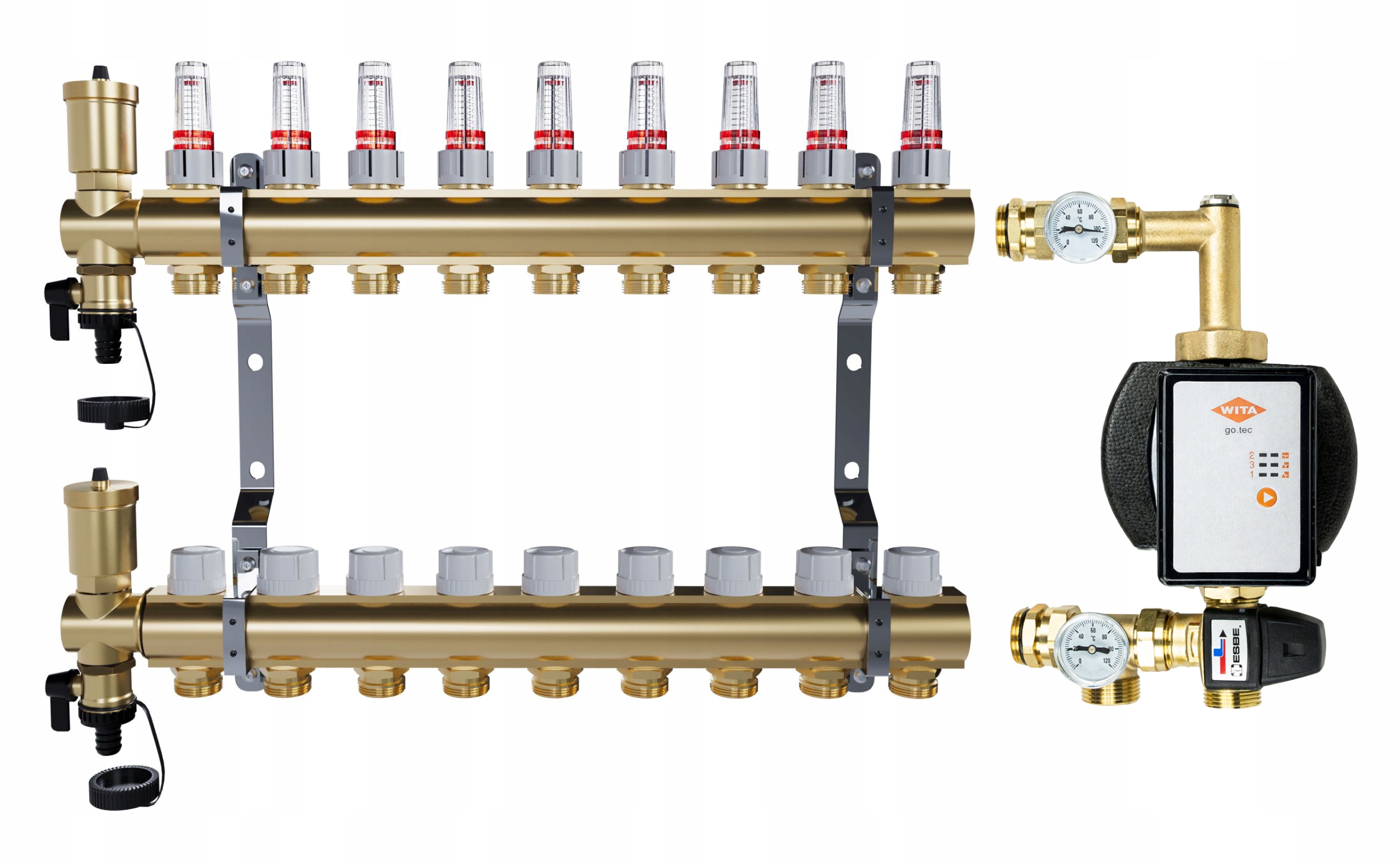 Rozdělovač pro podlahu 9 mosazných sekcí pro vytápění Čerpadlo Wita