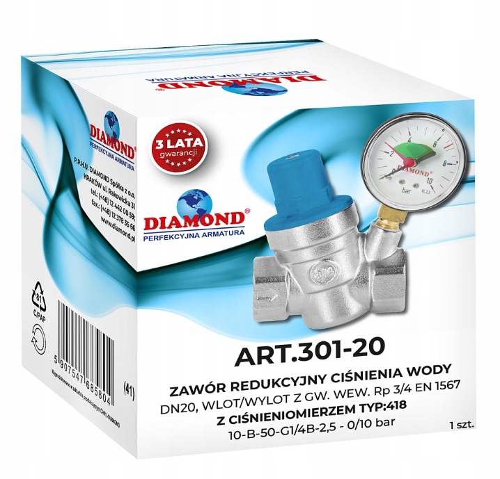 REDUKTOR CIŚNIENIA WODY Z MANOMETREM 1/2 CALA DN15 Marka Diamond