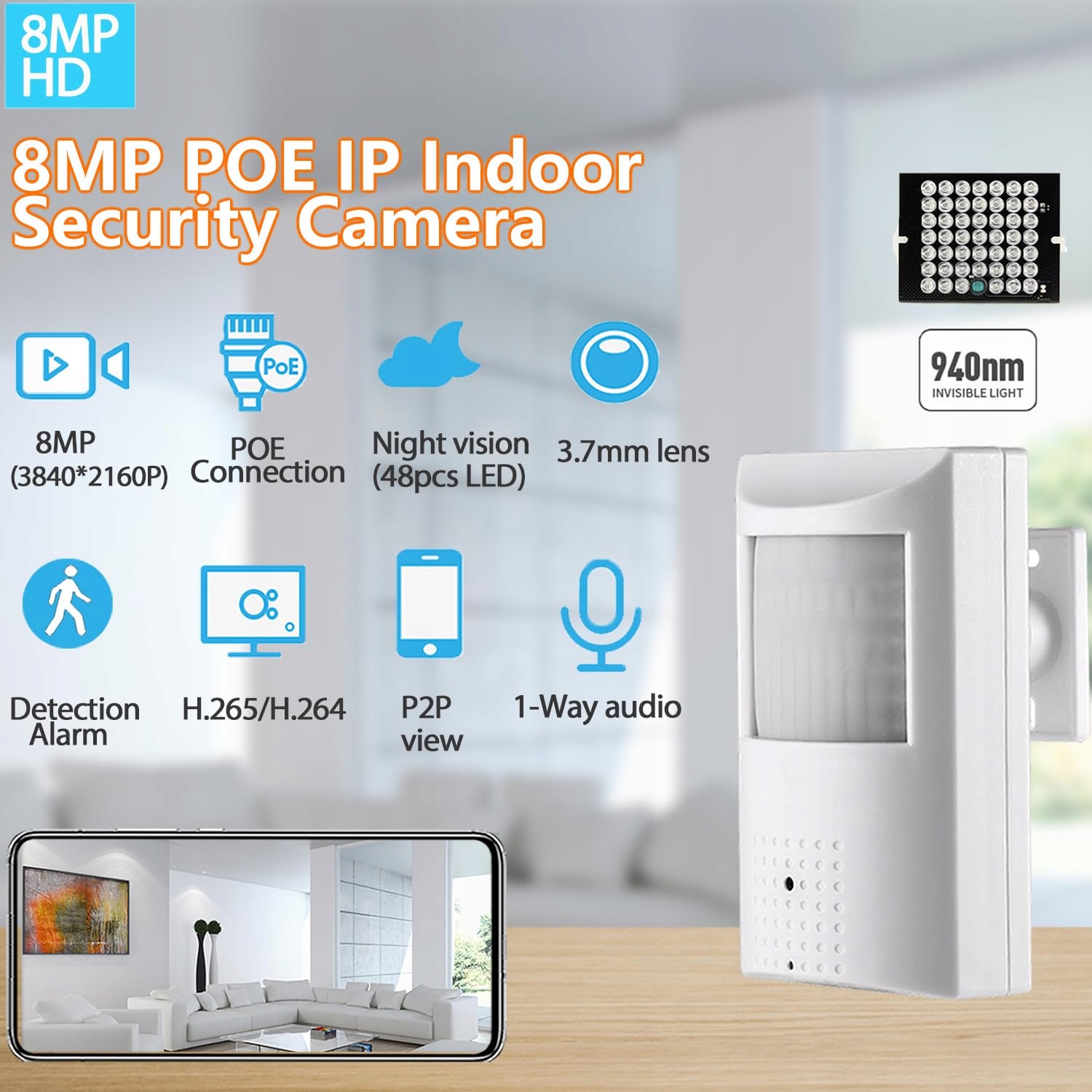 REVODATA UltraHD 4K POE IP Kamera Audio PIR IR LED Nocna CCTV 3.7mm — miniatura 2