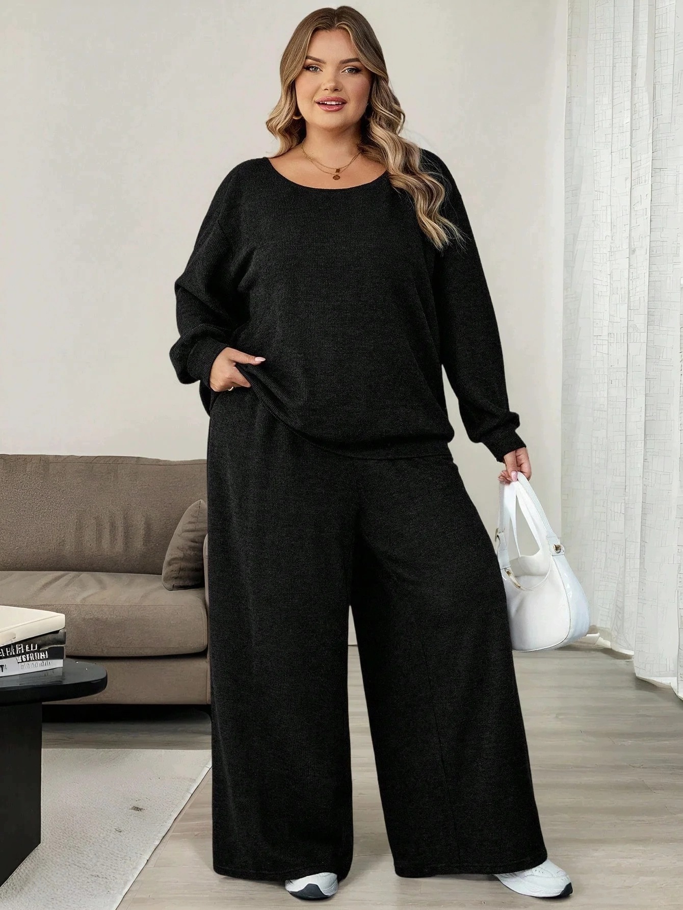 Komplet Černá Halenka S Kalhotami Široká Oversize Nohavice Shein 7XL