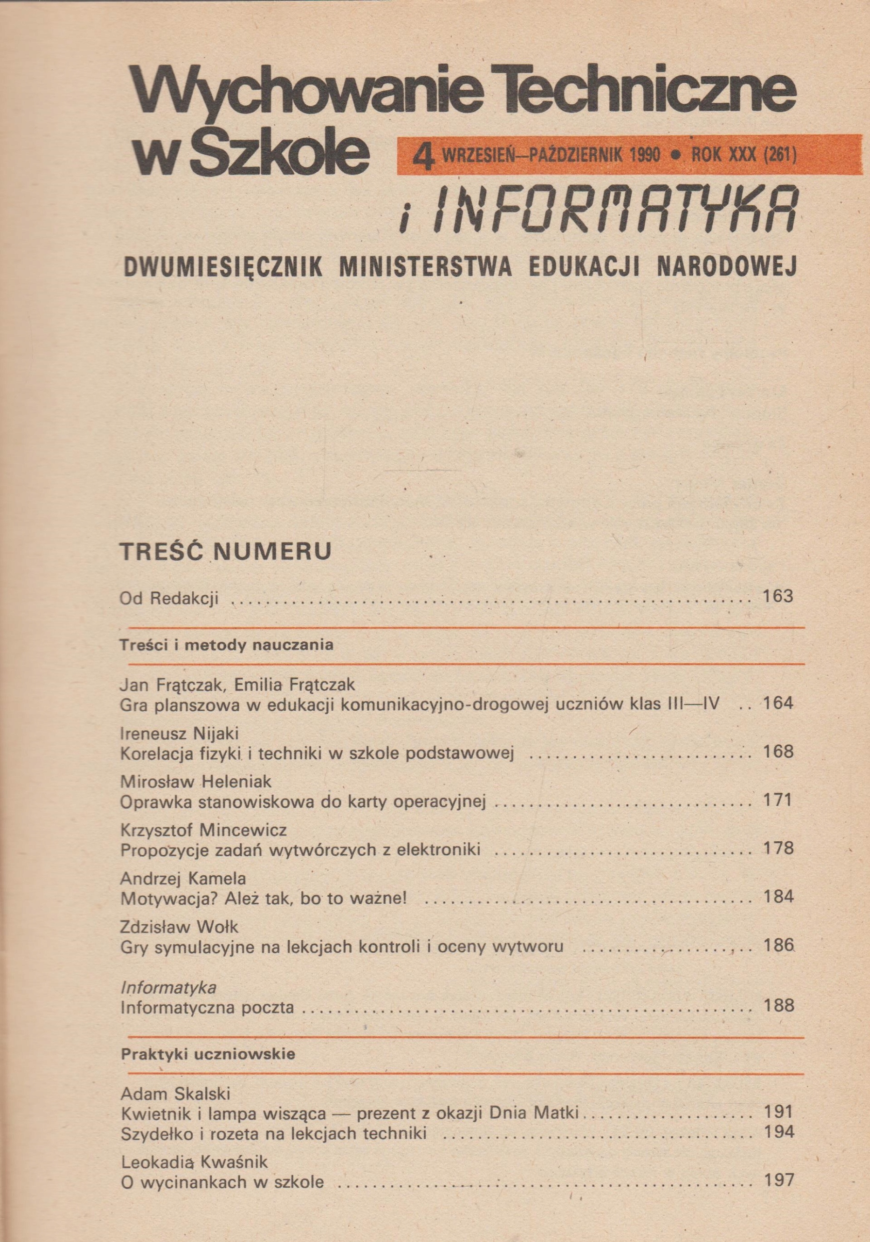 WYCHOWANIE TECHNICZNE W SZKOLE 4/1990 Przedmiot Informatyka, Technika
