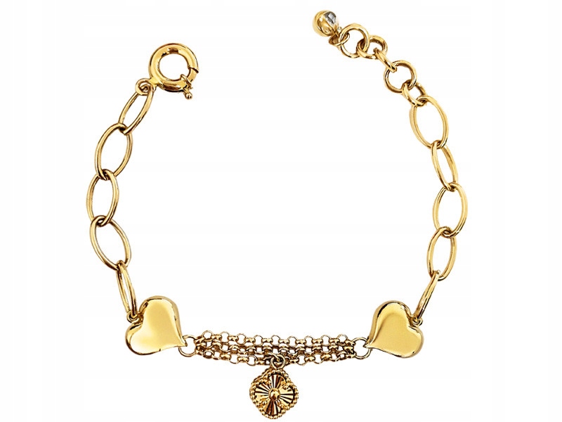 Módní zlatý náramek 585 se srdíčky a diamantovým jetelem dárek