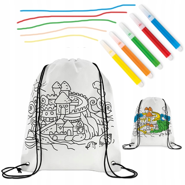 WOREK DO KOLOROWANIA ZAMEK + FLAMASTRY Workoplecak dla dzieci do malowania