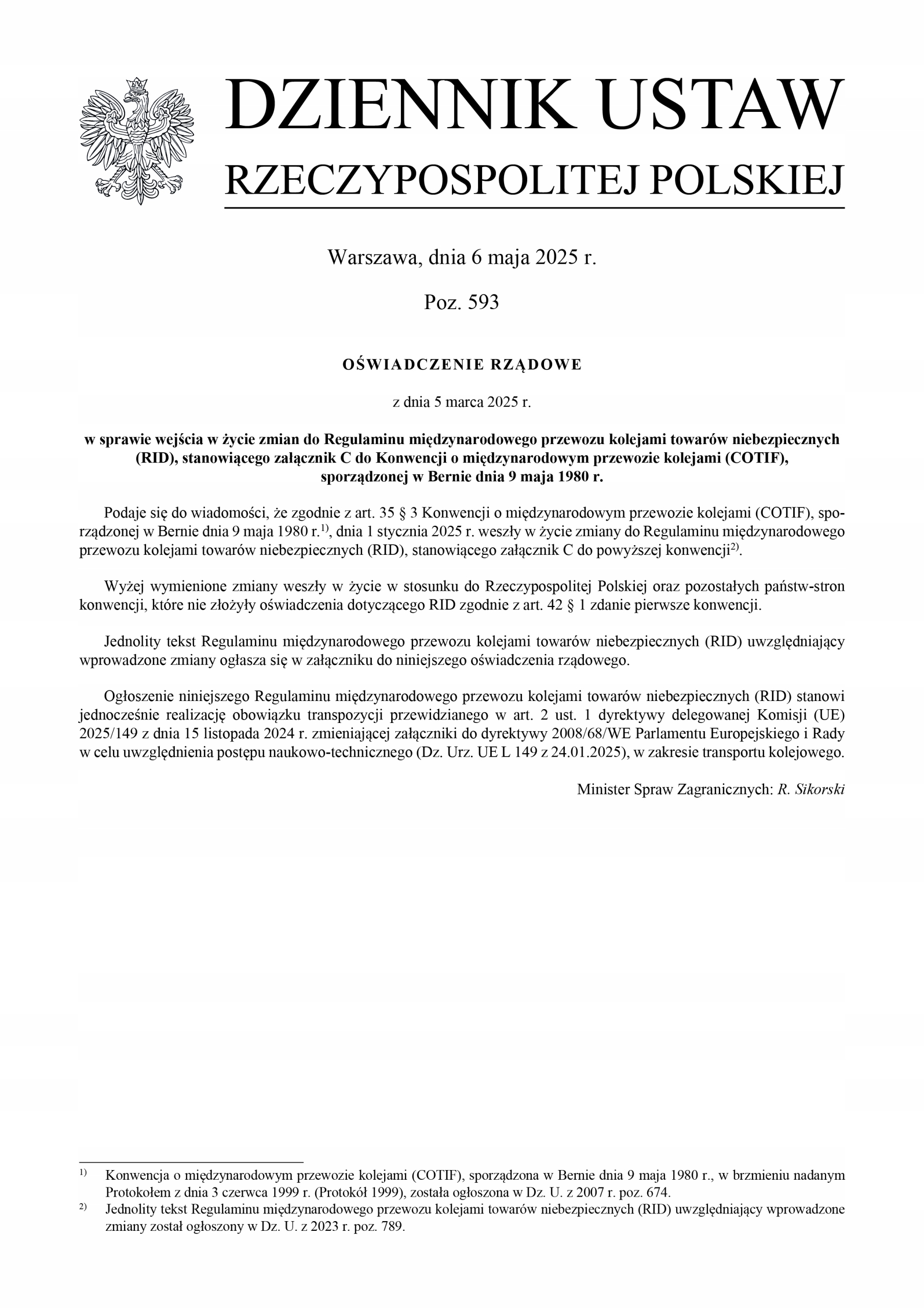 Regulamin międzynarodowego przewozu kolejami towarów niebezpiecznych Rid