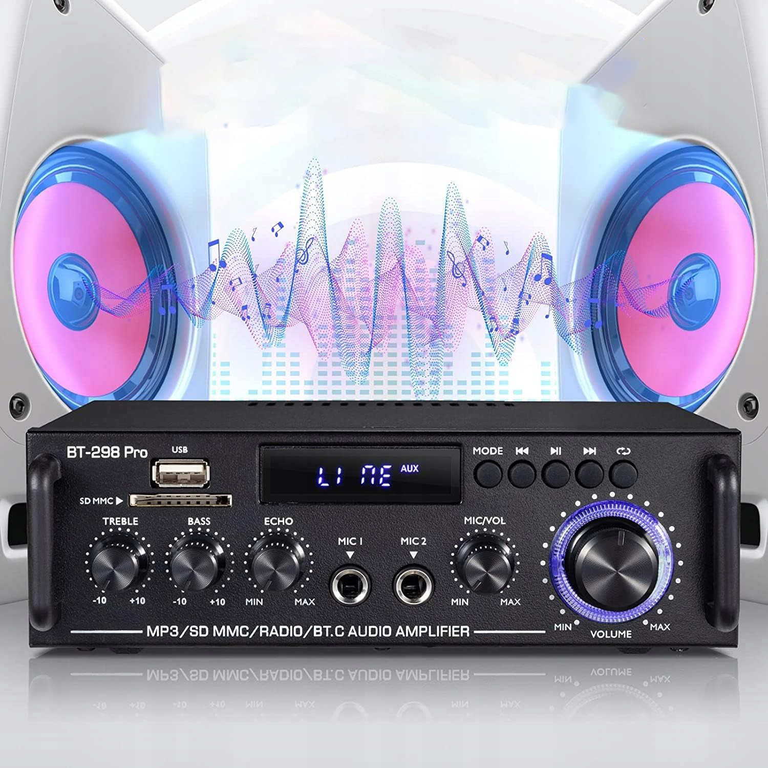 AMPLITUNER MINI WZMACNIACZ STEREO RADIO BT 5.0 2-KANAŁOWY BT-298Pro Liczba kanałów 2