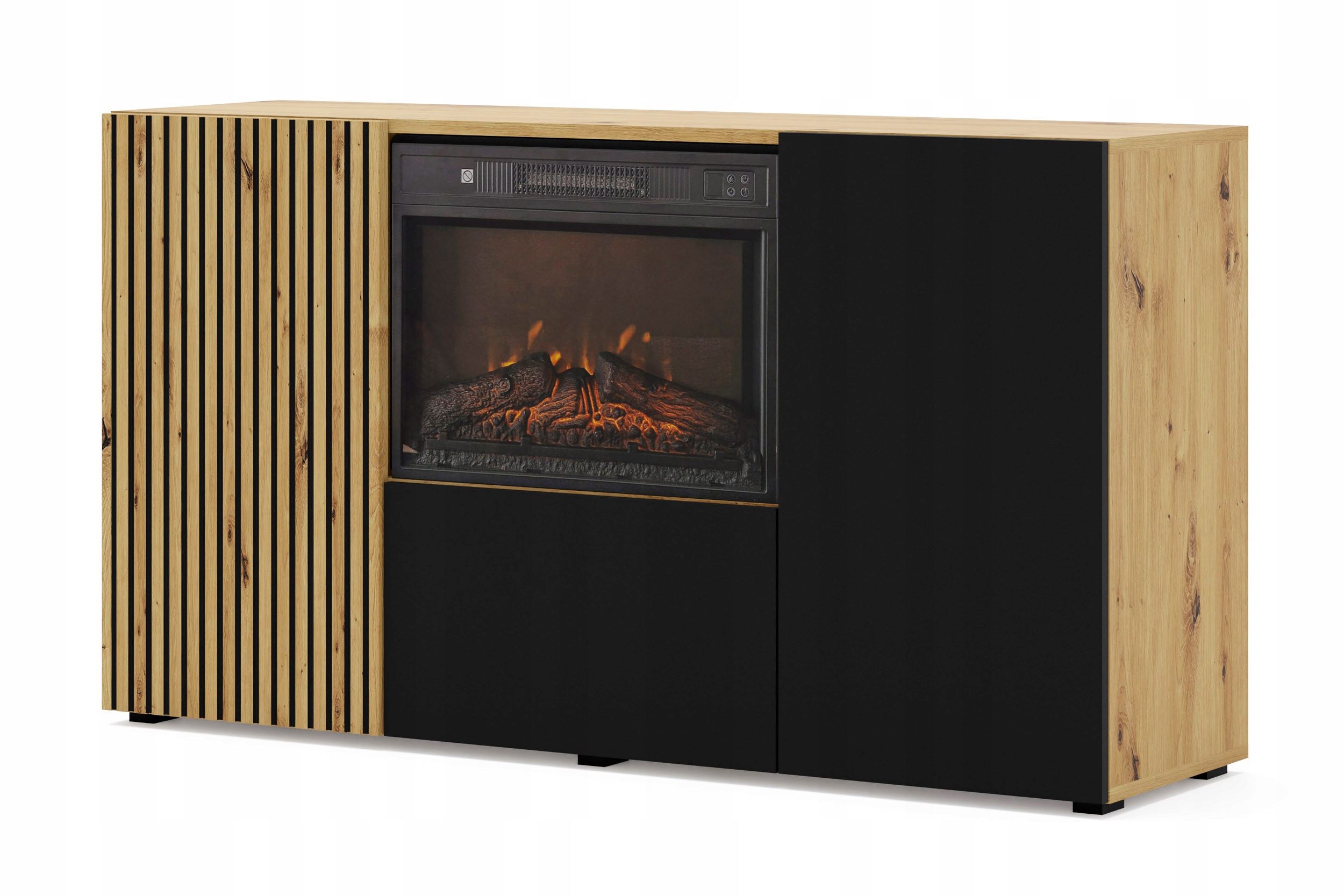 Komoda Auris 3D 150 cm z kominkiem elektrycznym dąb artisan czarny mat