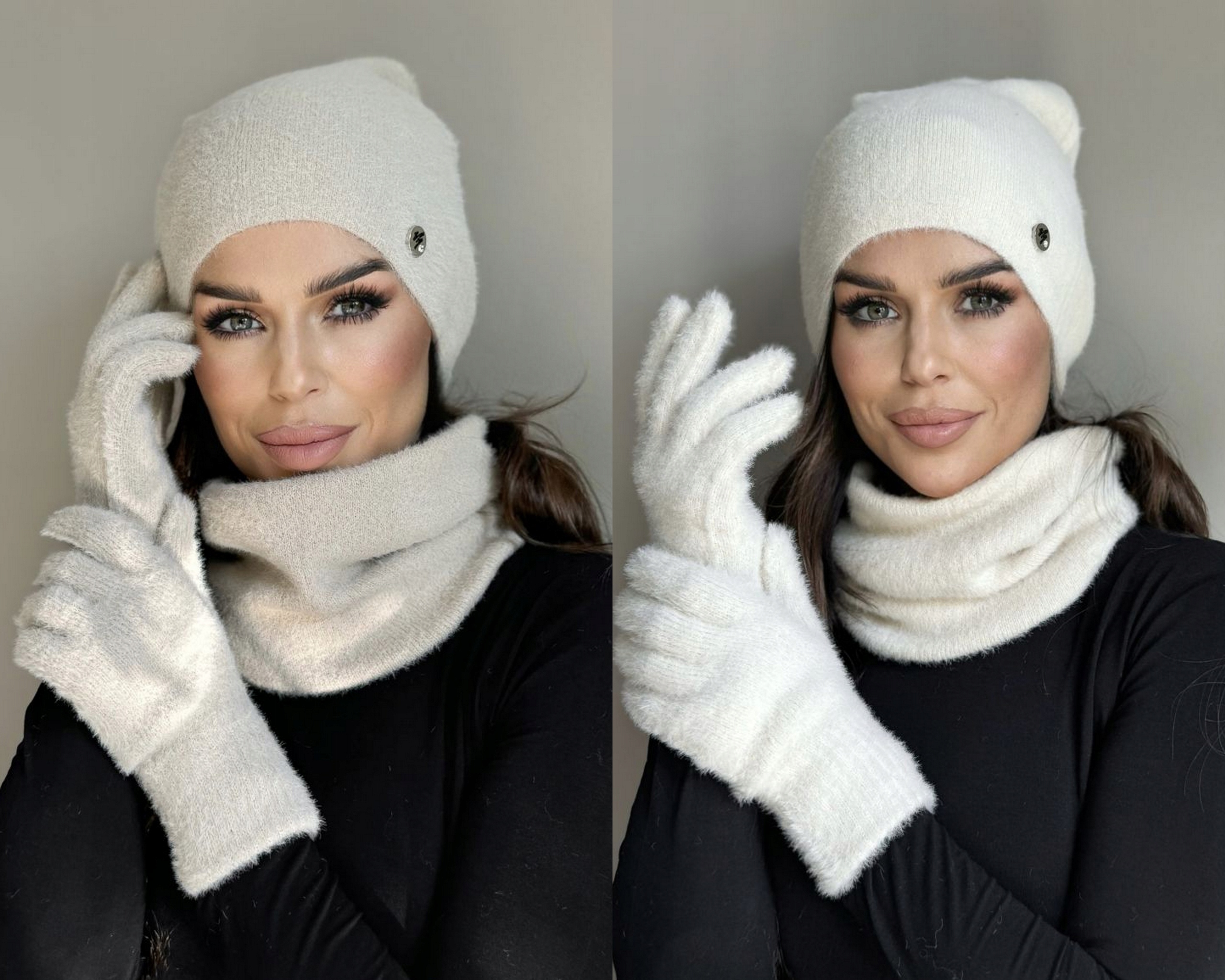 KOMPLET DAMSKI CZAPKA KOMIN GOLF TUBA RĘKAWICZKI ZESTAW CIEPŁY ALPAKA KOLOR Model 2911