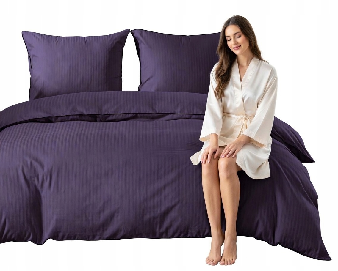 Pościel 140x200 100% Bawełniana Fiolet Adamaszek w Pasy z Lamówką Bawełna
