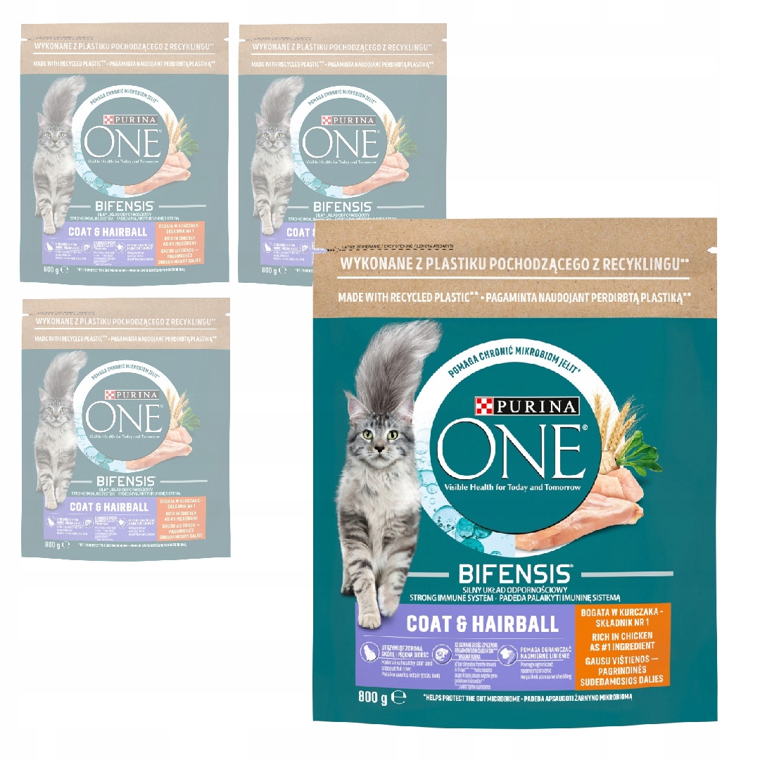 Purina One Cat Coat&amp;Hairball 4x800g Suché Krmivo s kuřecím masem Pro Kočky