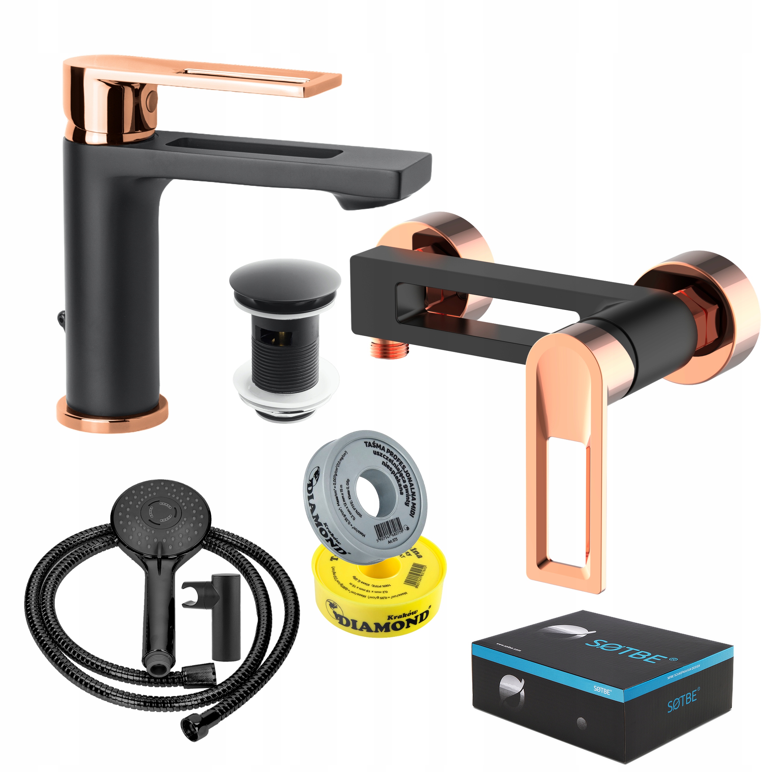 Sprchová baterie s umyvadlem, černá, zlatá zátka sprchový set